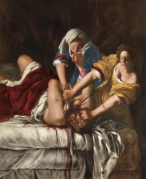 An oil painting of two women beheading a man in his bed.