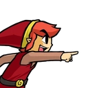 Triforce Red Link enthusiactically pointing right.